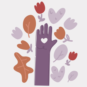 An illustration of a purple arm, with a white heart drawn in the palm of the hand. 