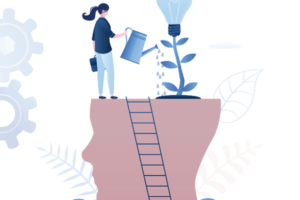 An illustration of a woman using a watering can to water a plant that is growing out of the top of an open head. The plant has a lightbulb as its flower, and there is a ladder leaning against the head. There are two broken blue light bulbs on the ground.