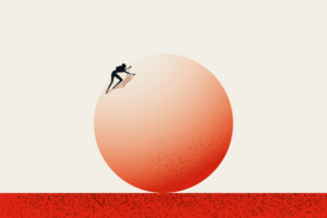 An illustration of a woman climbing a large red sphere.