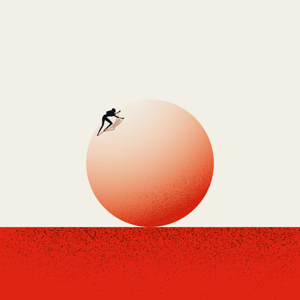 An illustration of a woman climbing a large red sphere.