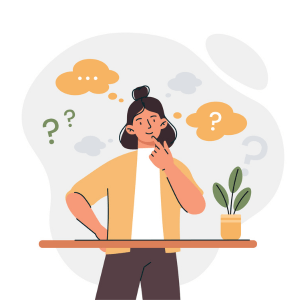 A cartoon illustration of a woman standing at a standing desk that has a house plant on top of it. There are thought bubbles, clouds, and question marks floating around her head.