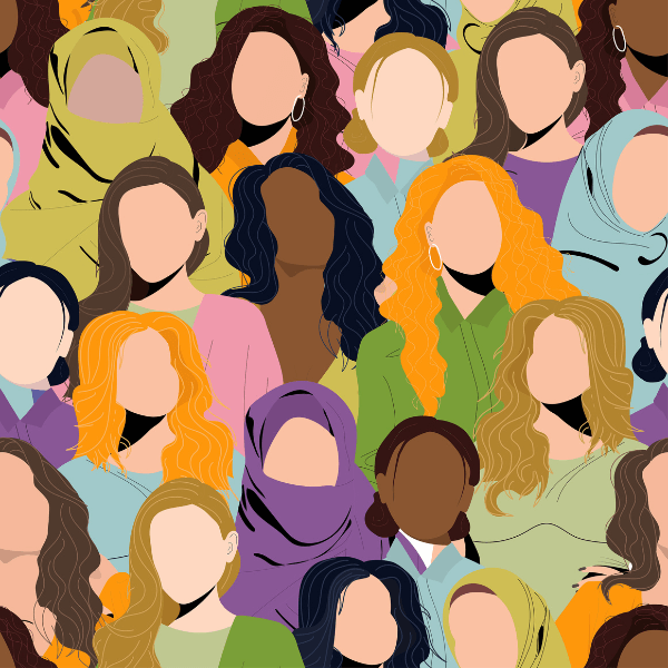 An illustration of a collection of women of various races and nationalities without facial features.