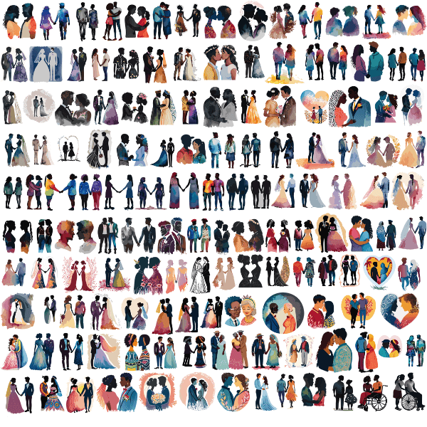 An illustration of many different LGBTQ+ couples.