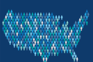 A blue background with an illustration of an outline of the USA that is made up of the outline of hundreds of women symbols.