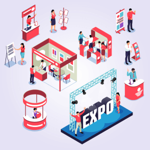 A red, white, and blue illustration of various stations at an Expo/convention.