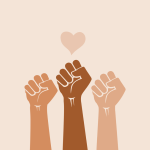 An illustration of three raised fists of varying skin tones and a pink heart above them all.