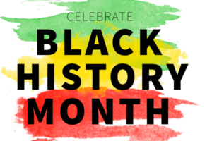 Black text reads "Celebrate Black History Month" in front of a green, yellow, and red striped background.