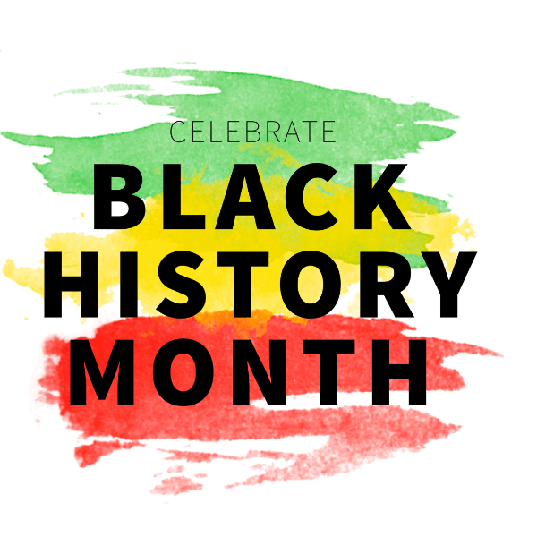 Black text reads "Celebrate Black History Month" in front of a green, yellow, and red striped background.