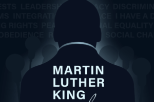 The sillhouette of Martin Luther King Jr from the back of his head with the text "Martin Luther King Day" displayed in white lettering.