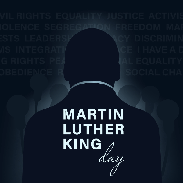 The sillhouette of Martin Luther King Jr from the back of his head with the text "Martin Luther King Day" displayed in white lettering.