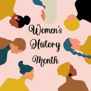 A pale pink background with cursive black text reading "Women's History Month" in the middle of seven illustrations of side profiles of different women.