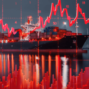 A boat shipping freight on water with a staggering red line overlaying it.