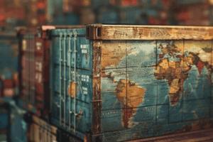 A freight shipping container that is covered in an overlay of a world map amidst many other shipping crates.