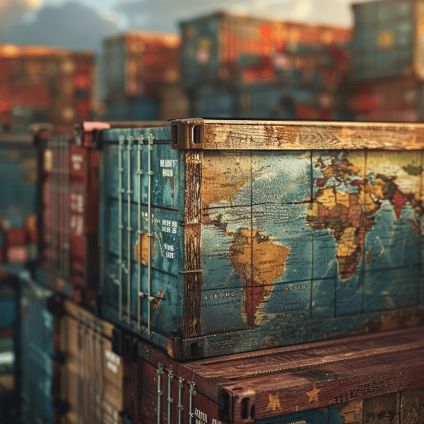 A freight shipping container that is covered in an overlay of a world map amidst many other shipping crates.