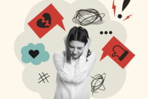 A woman in a black and white color overlay stands facing the camera with her head down and her hands over her ears. Around her are various floating illustrated notification bubbles symbolizing negative digital interactions, colored in red, blue, and black.