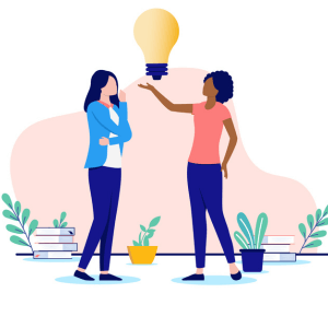 A cartoon of two women standing under a light bulb talking to each other and sharing ideas.