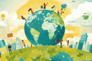 An illustration of the globe with five women walking on top of it; they are social entrepreneurs.