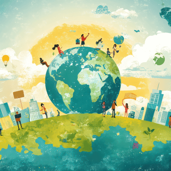 An illustration of the globe with five women walking on top of it; they are social entrepreneurs.