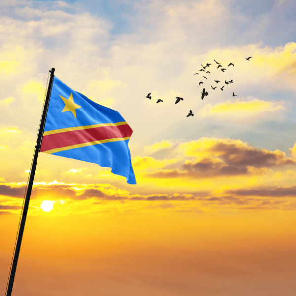 The flag of the DR Congo is waving in front of the background of a sunset with black birds flying in the sky.