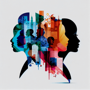 Three silhouettes of side profiles of people in the colors of blue, orange, and black.