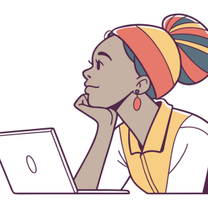 An illustration of an African woman sitting at a laptop.