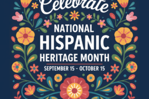 A blue background with orange flowers and white text that says Celebrate National Hispanic Heritage Month