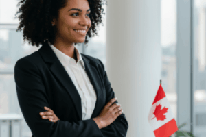 A business woman in a pantsuit is standing inside an office next to a Canada flag that is positioned on a desk.