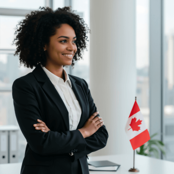 A business woman in a pantsuit is standing inside an office next to a Canada flag that is positioned on a desk.