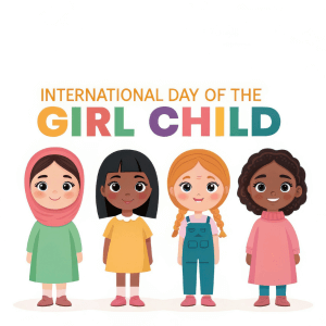 An illustration of four girls standing next to each other and text that reads, "International Day of the Girl Child."