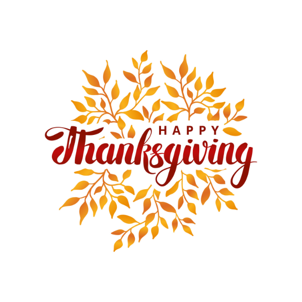 Happy Thanksgiving written in red font against a background of orange leaves.