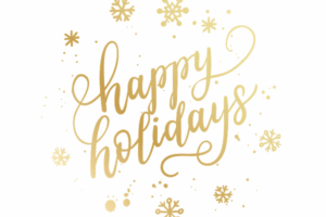 "Happy Holidays" written in gold script cursive font with golden snowflakes around the words.