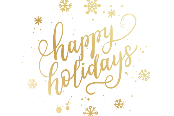 "Happy Holidays" written in gold script cursive font with golden snowflakes around the words.