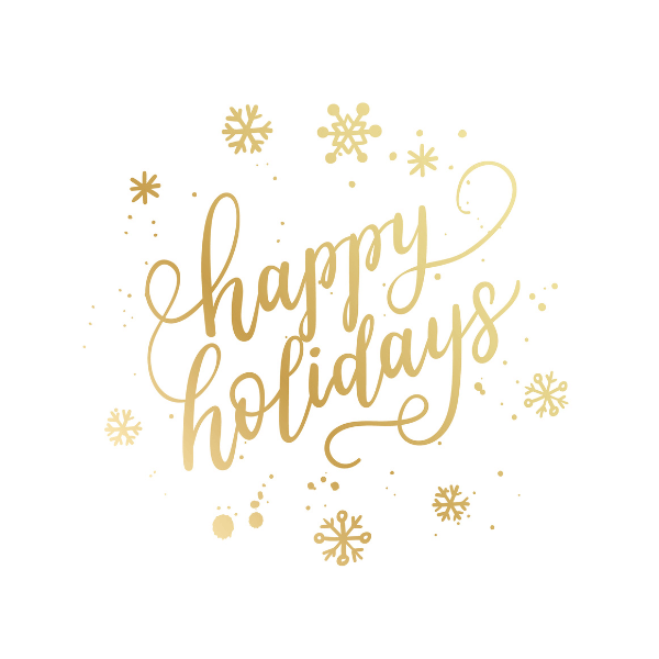 "Happy Holidays" written in gold script cursive font with golden snowflakes around the words.