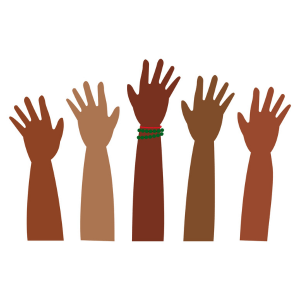 An illustration of hands of different skin tones reaching up to the sky