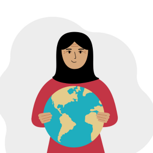 An illustration of a woman holding planet Earth in her hands.