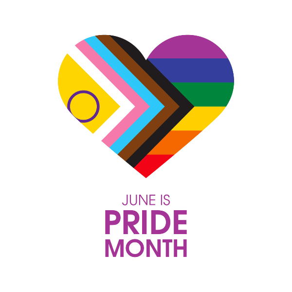 A progress pride flag in the shape of a heart with "June is Pride Month" written in purple text underneath it.
