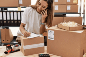 A woman on the phone and taking notes amidst shipping boxes.