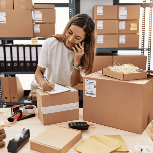 A woman on the phone and taking notes amidst shipping boxes.