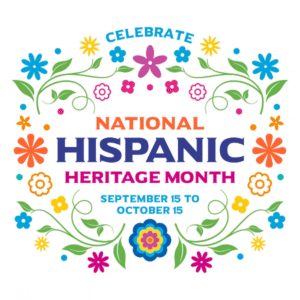 Celebrate National Hispanic Heritage Month written on a white background in orange, blue, and red text.