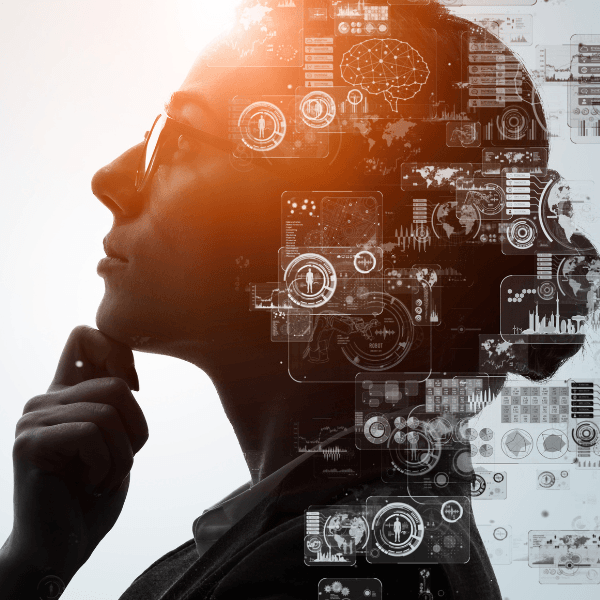 A side profile of a woman looking to the left with her hand on her chin. There is an overlay of technological symbols that are white along the right side of the image.